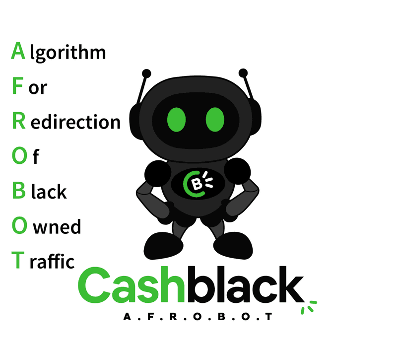 The A.F.R.O.B.O.T mascot with the acronym spelled out: Algorithm For Redirection Of Black-Owned Traffic